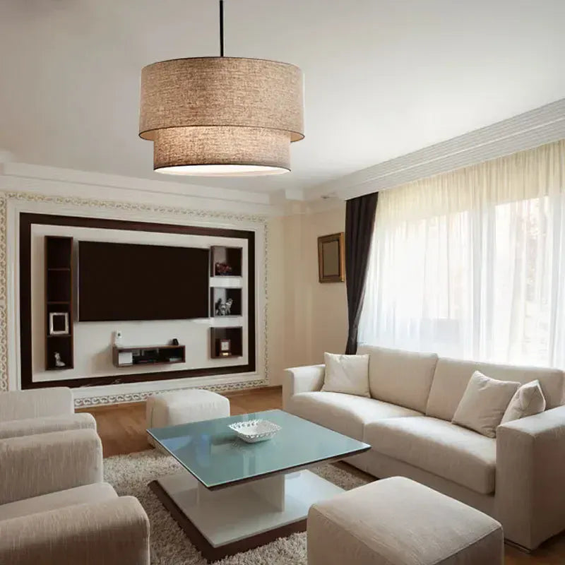 LampeHub American Double Linen Fabric Pendant Light LED Minimalist Dining Room ceiling hanging lamp Living room Bedroom country lamp