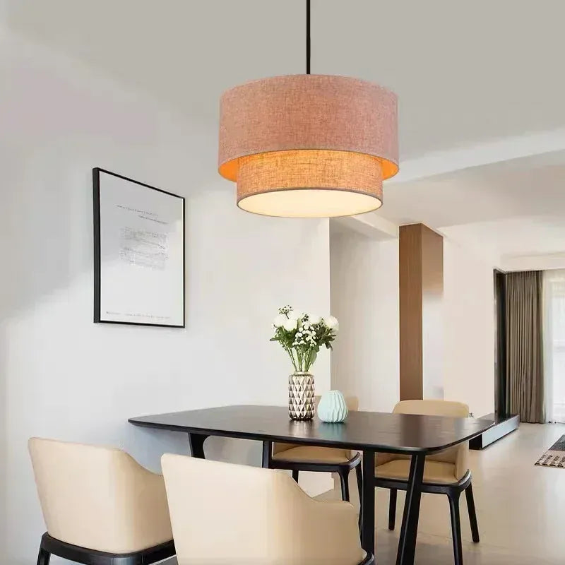 LampeHub American Double Linen Fabric Pendant Light LED Minimalist Dining Room ceiling hanging lamp Living room Bedroom country lamp