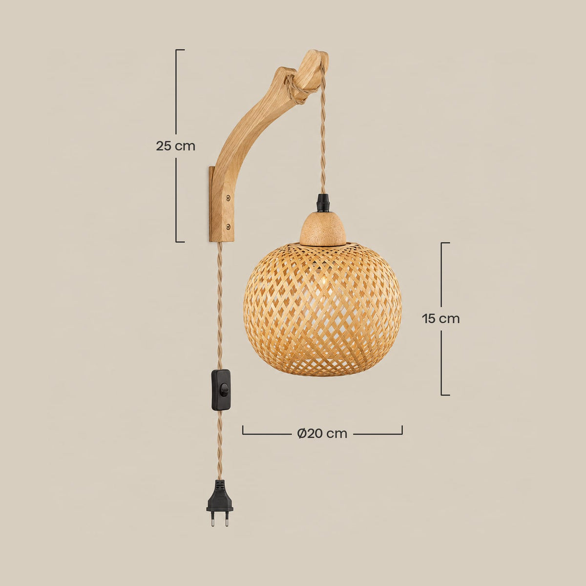 Dimensions – Applique Bambou Lanterne – Bras en Bois, à Brancher