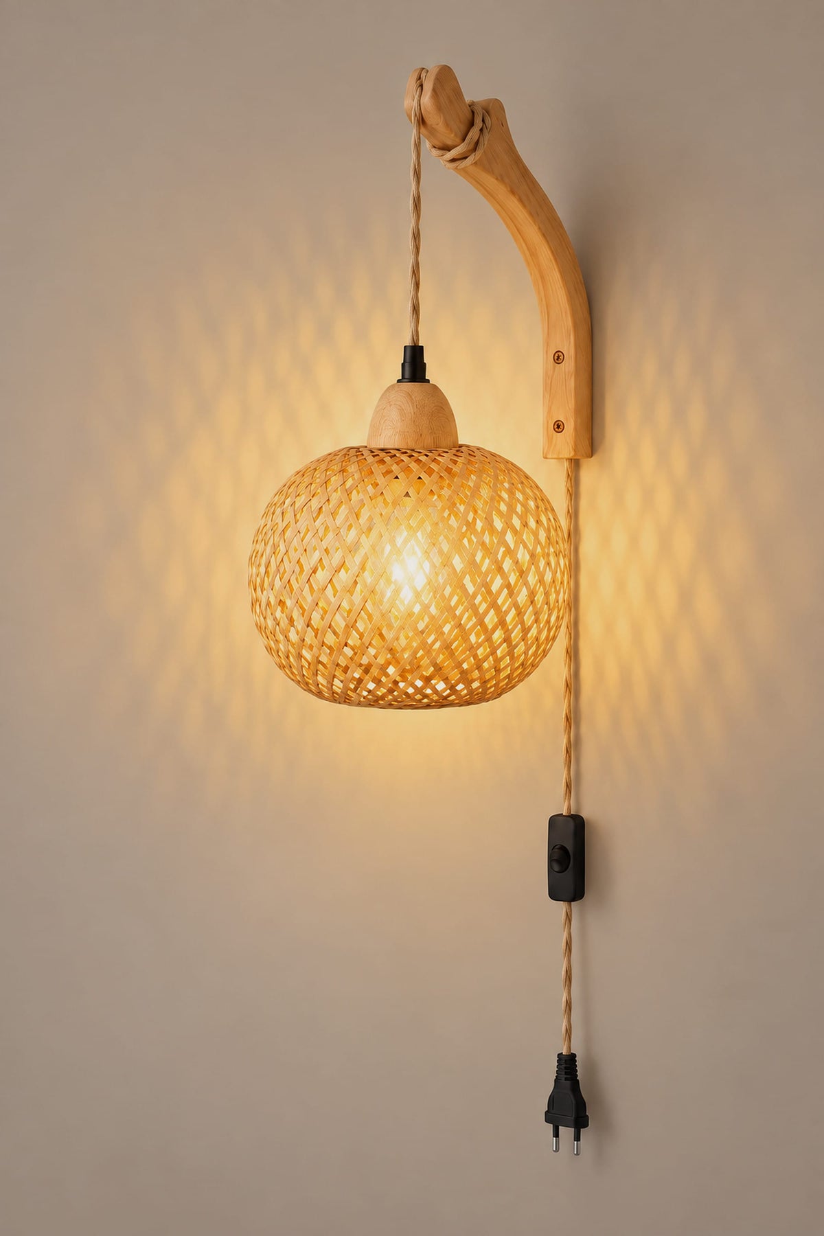 LampeHub Applique murale Applique Bambou Lanterne – Bras en Bois, à Brancher