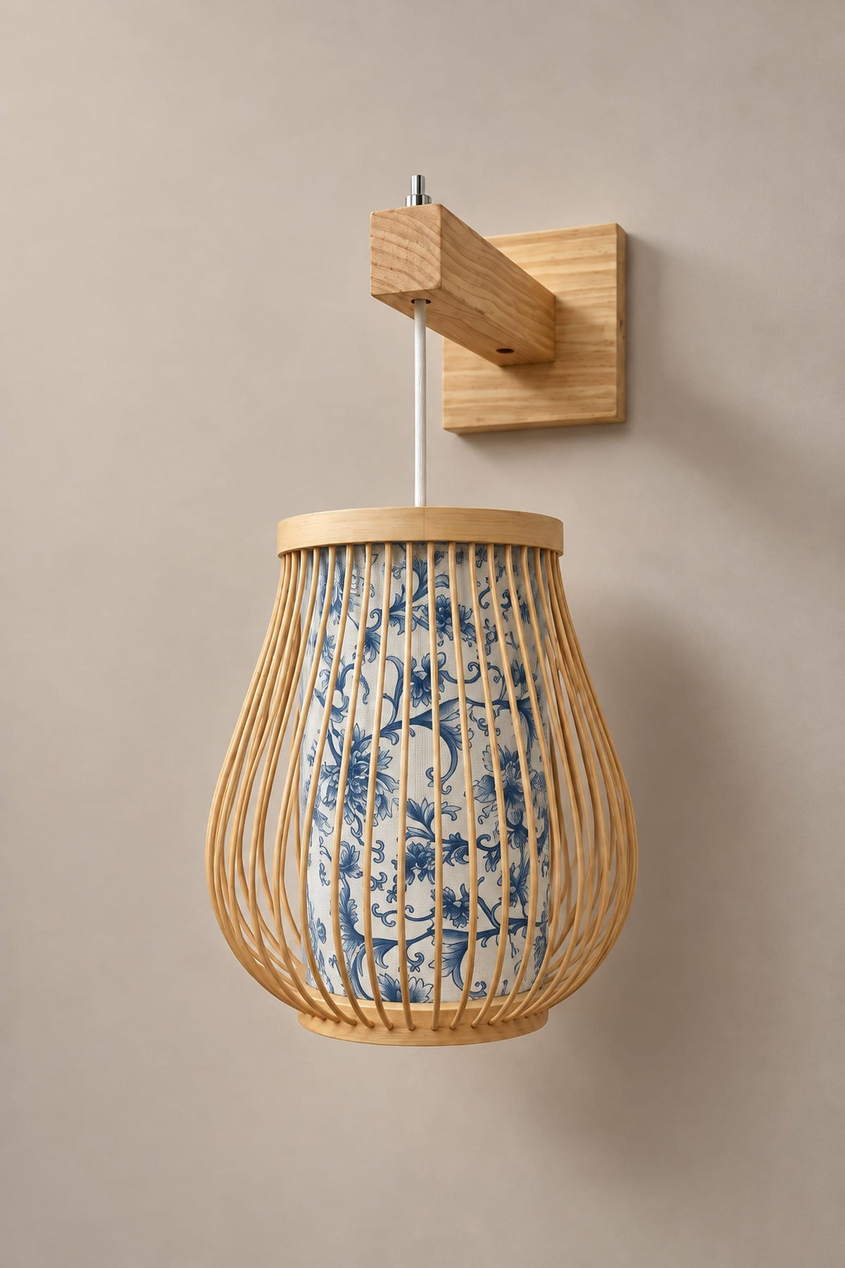 LampeHub Applique murale Lanterne motif bleu / Non incluse Applique Bambou Lanterne Japonaise – Support en Bois