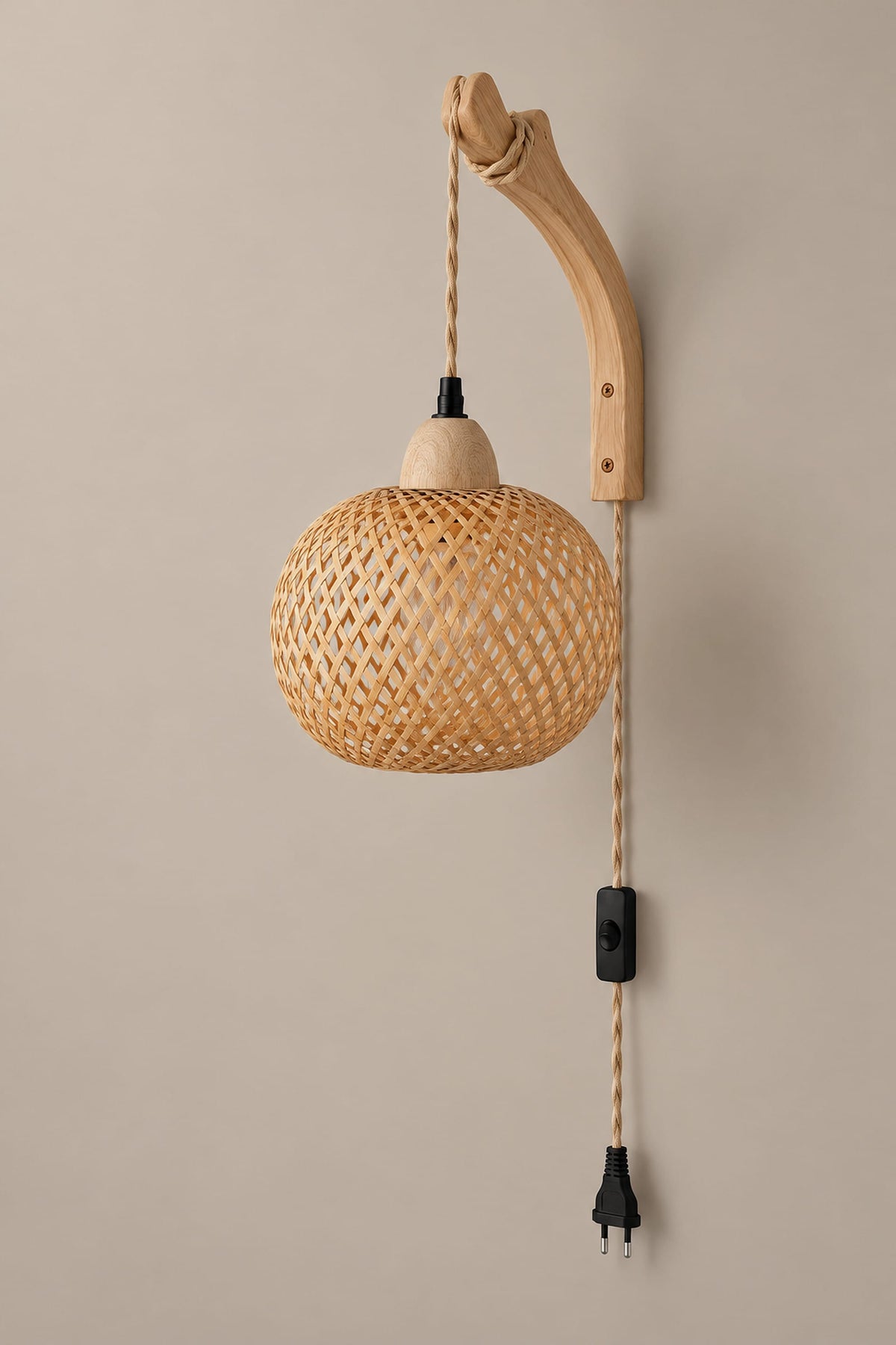 LampeHub Applique murale Prise EU / Globe, bras courbé / Standard Applique Bambou Lanterne – Bras en Bois, à Brancher