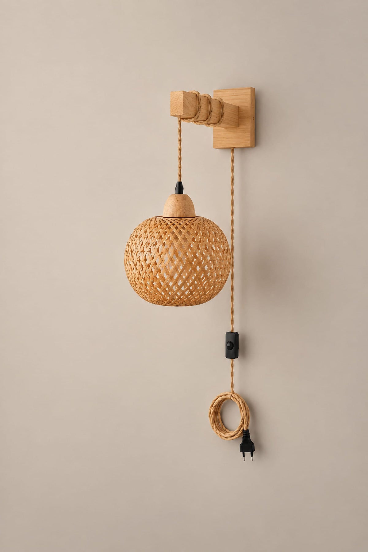 LampeHub Applique murale Prise EU / Globe, support droit / Standard Applique Bambou Lanterne – Bras en Bois, à Brancher
