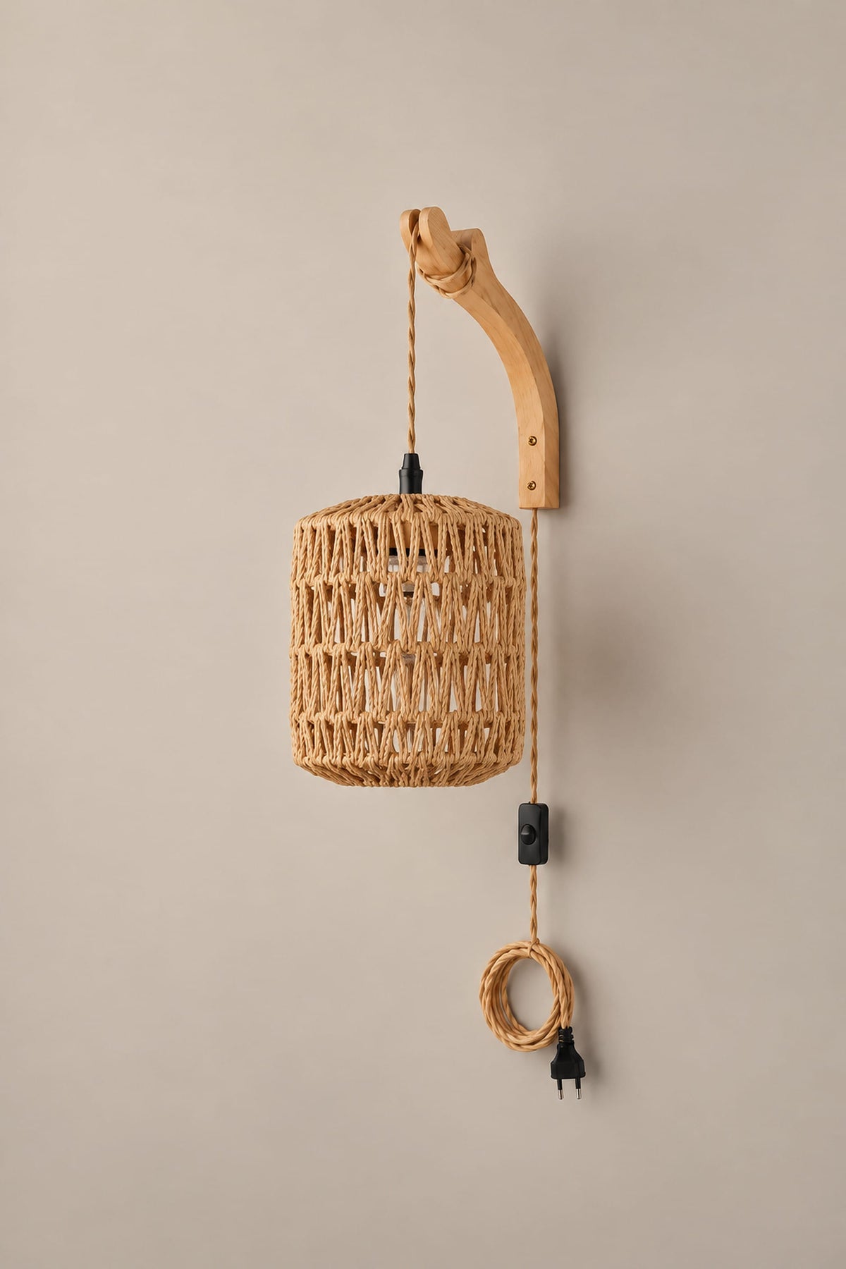 LampeHub Applique murale Prise EU / Lanterne cylindre / Standard Applique Bambou Lanterne – Bras en Bois, à Brancher