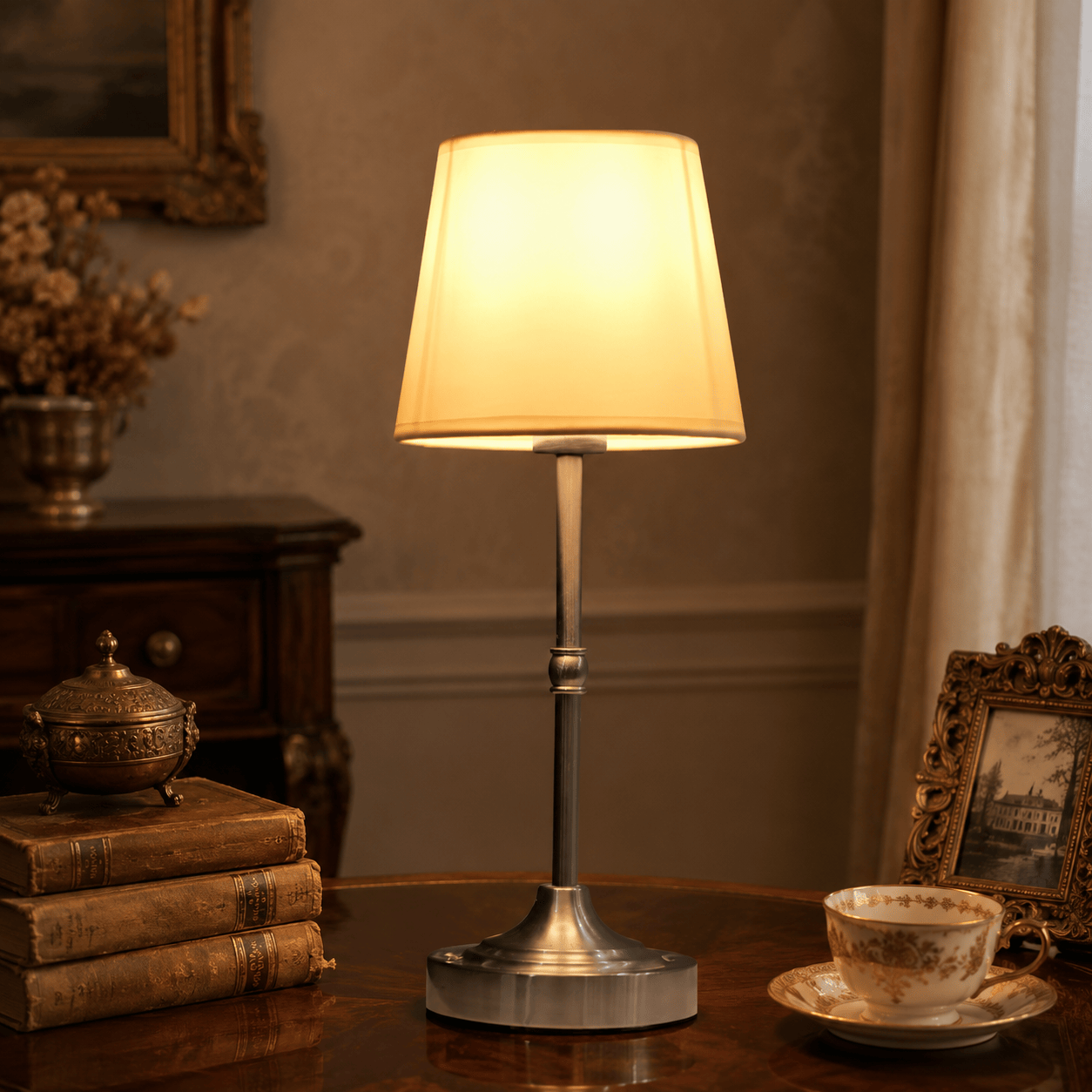 LampeHub Argent / Petite Lampe de chevet Tissu Plissé