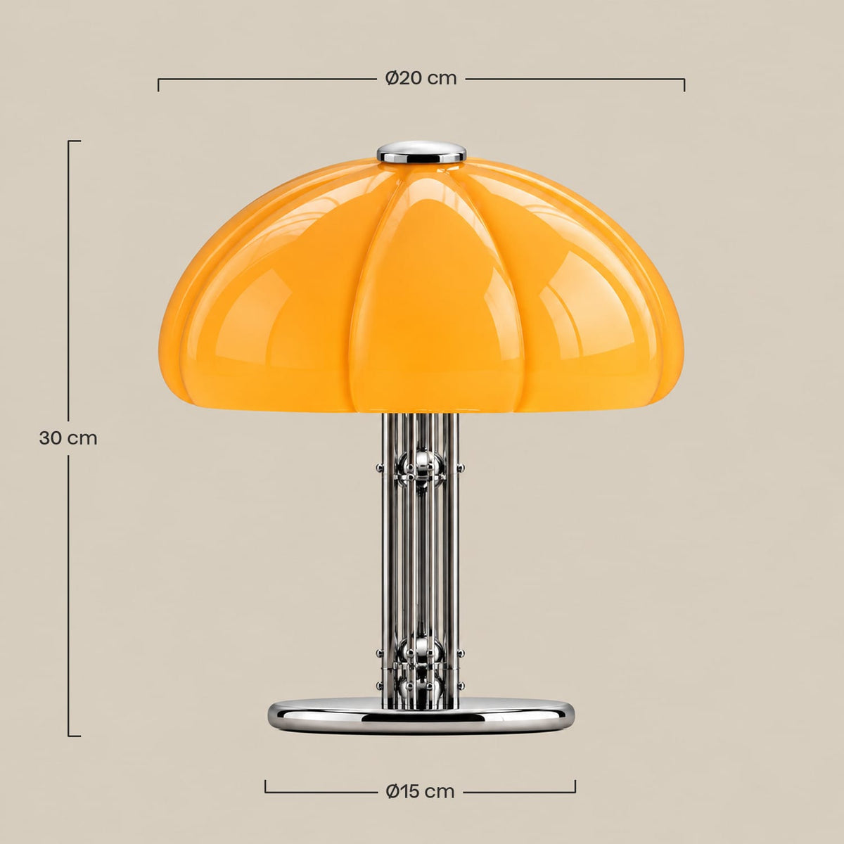 Dimensions – Lampe Bauhaus Champignon Orange Pied Chromé – Lampe de Chevet Années 70