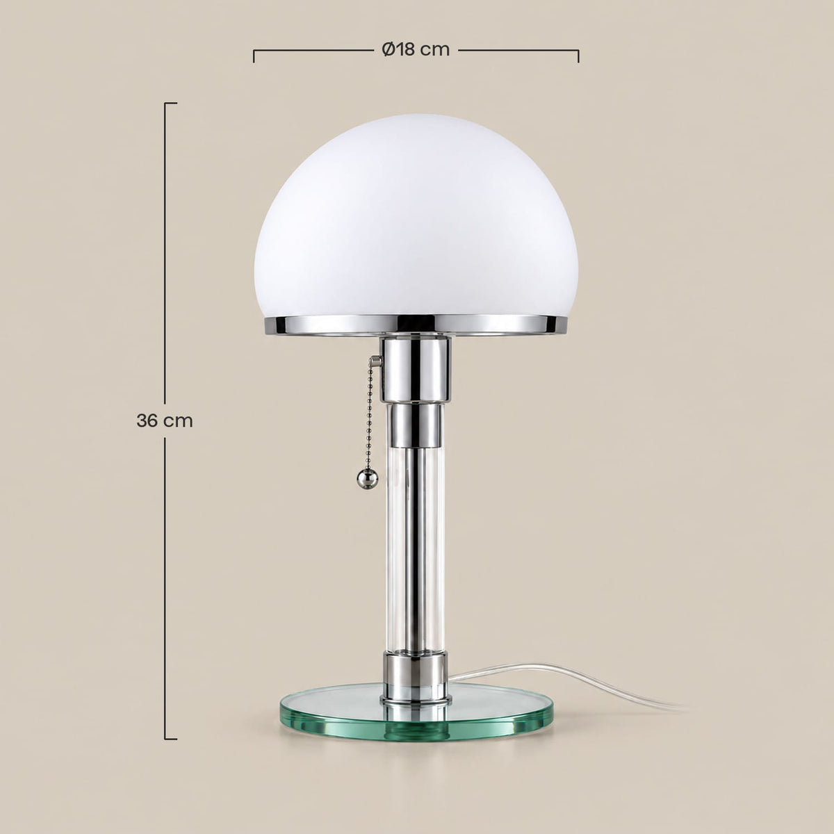 Dimensions – Lampe Bauhaus Dôme Opalin – Lampe de Table Verre et Chrome