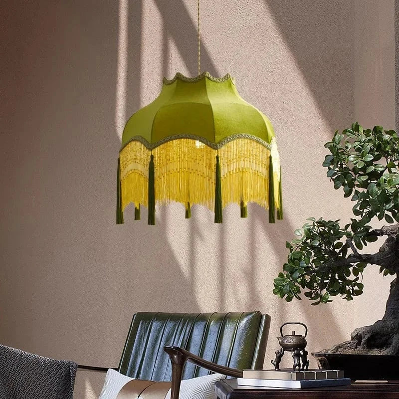 LampeHub French Green Tassel Dining Room Chandeliers Retro Tassel pendant lamp Bedroom Living Lighting Suspension Luminaire cloth lamp