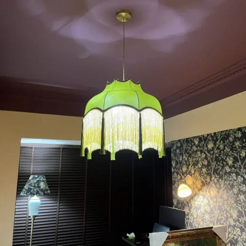 LampeHub French Green Tassel Dining Room Chandeliers Retro Tassel pendant lamp Bedroom Living Lighting Suspension Luminaire cloth lamp