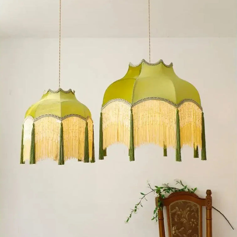 LampeHub French Green Tassel Dining Room Chandeliers Retro Tassel pendant lamp Bedroom Living Lighting Suspension Luminaire cloth lamp