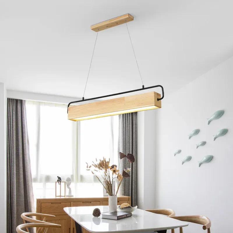 LampeHub High-end Simple Nordic Style Wooden LED Pendant Light with Metal Pole for Indoor Lighting Decoration in Restaurants Cafes Bright
