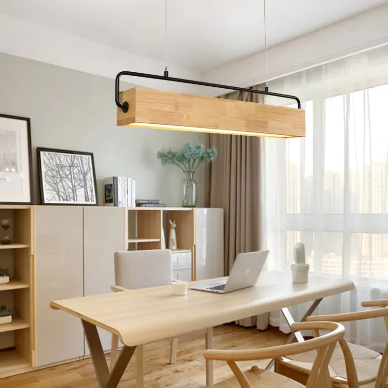 LampeHub High-end Simple Nordic Style Wooden LED Pendant Light with Metal Pole for Indoor Lighting Decoration in Restaurants Cafes Bright