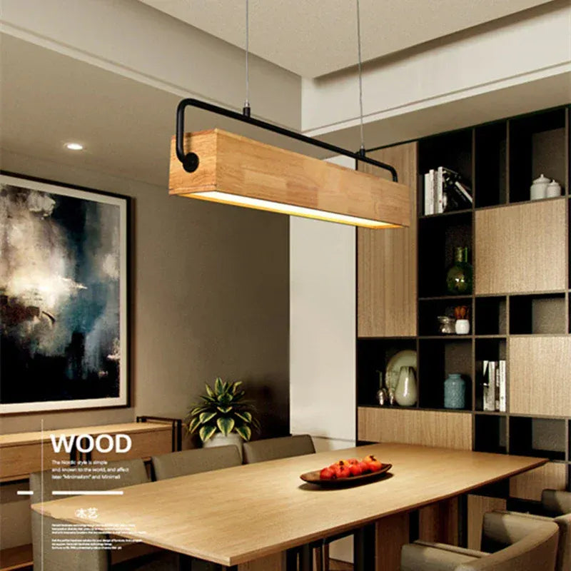 LampeHub High-end Simple Nordic Style Wooden LED Pendant Light with Metal Pole for Indoor Lighting Decoration in Restaurants Cafes Bright