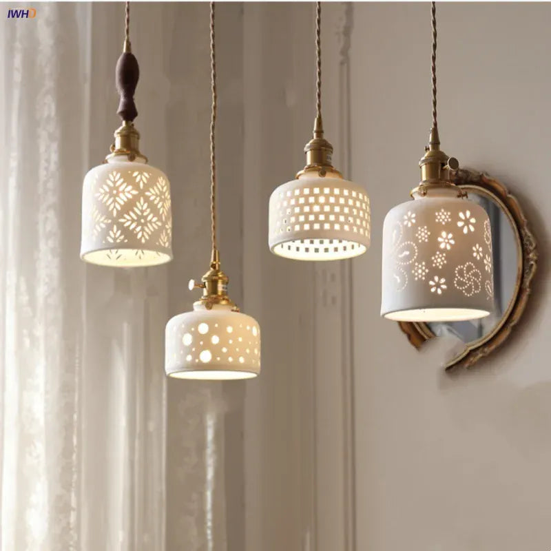 LampeHub IWHD Knob Switch LED Pendant Lamp Kitchen Restaurant White Flower Ceramic Nordic Modern Wire Adjustable Hanging Light Lighting