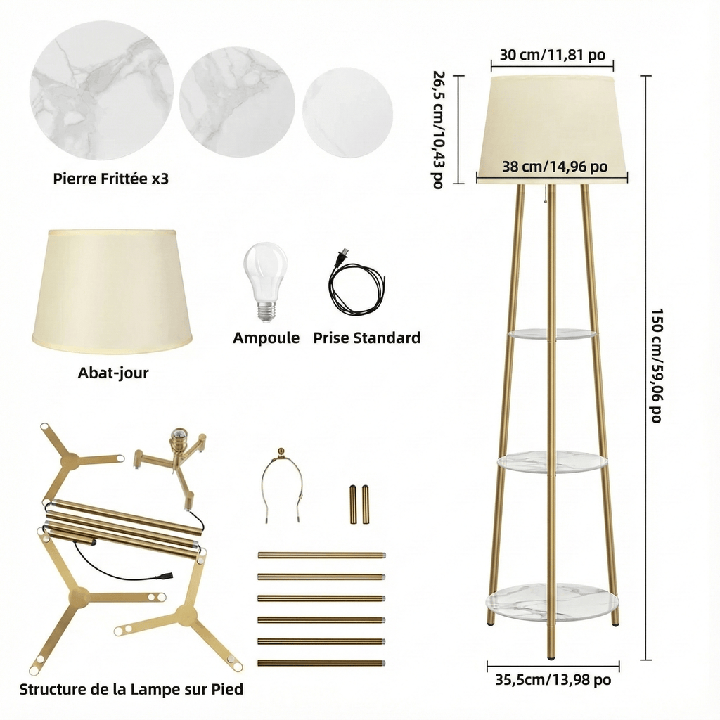 LampeHub Jaune Lampadaire Salon Moderne avec étagère