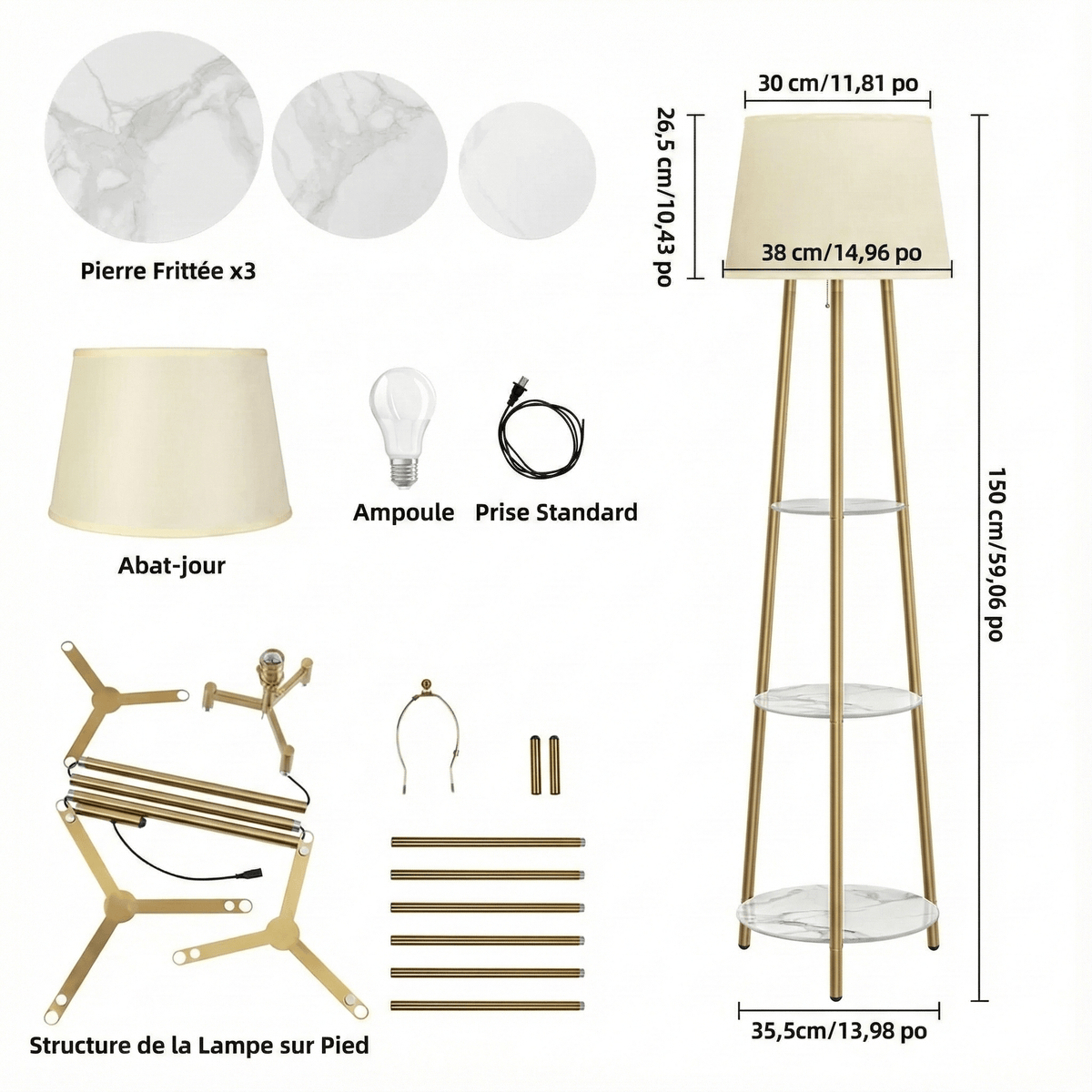 LampeHub Jaune Lampadaire Salon Moderne avec étagère