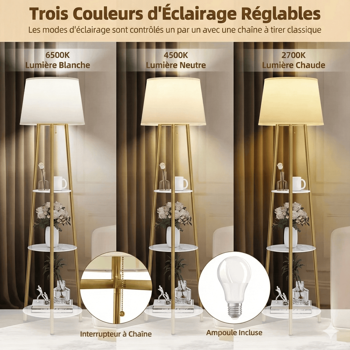 LampeHub Jaune Lampadaire Salon Moderne avec étagère