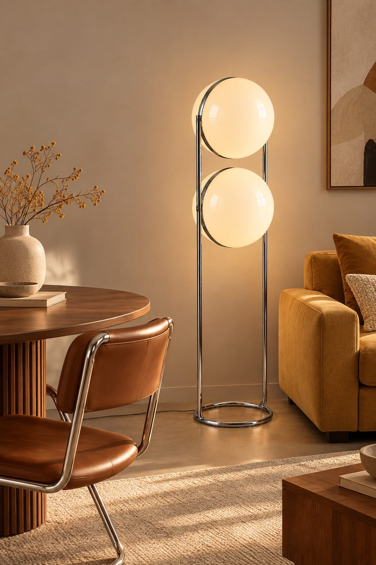 LampeHub Lampadaire Lampadaire Bauhaus Globes Opalins – Structure Chromée