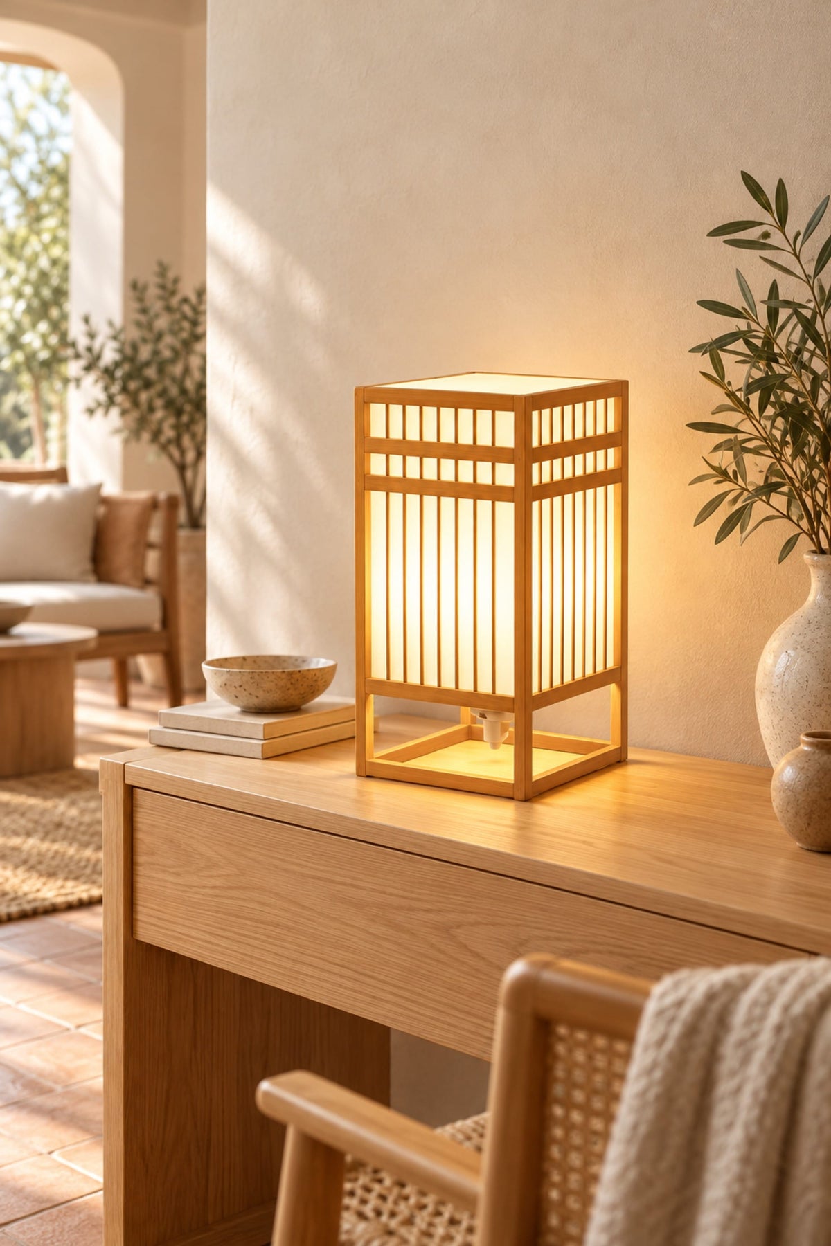 LampeHub Lampe à poser Lampe de Chevet Bambou Lanterne Japonaise – Cadre Ajouré