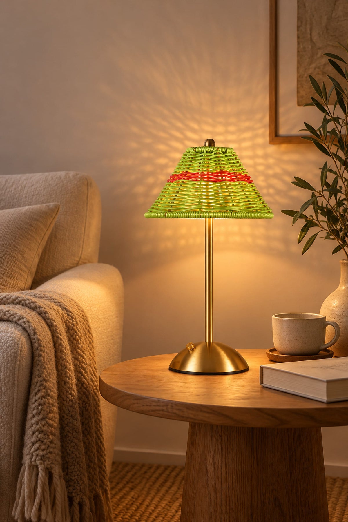 LampeHub Lampe à poser Lampe Rotin Sans Fil Rechargeable – Pied Doré