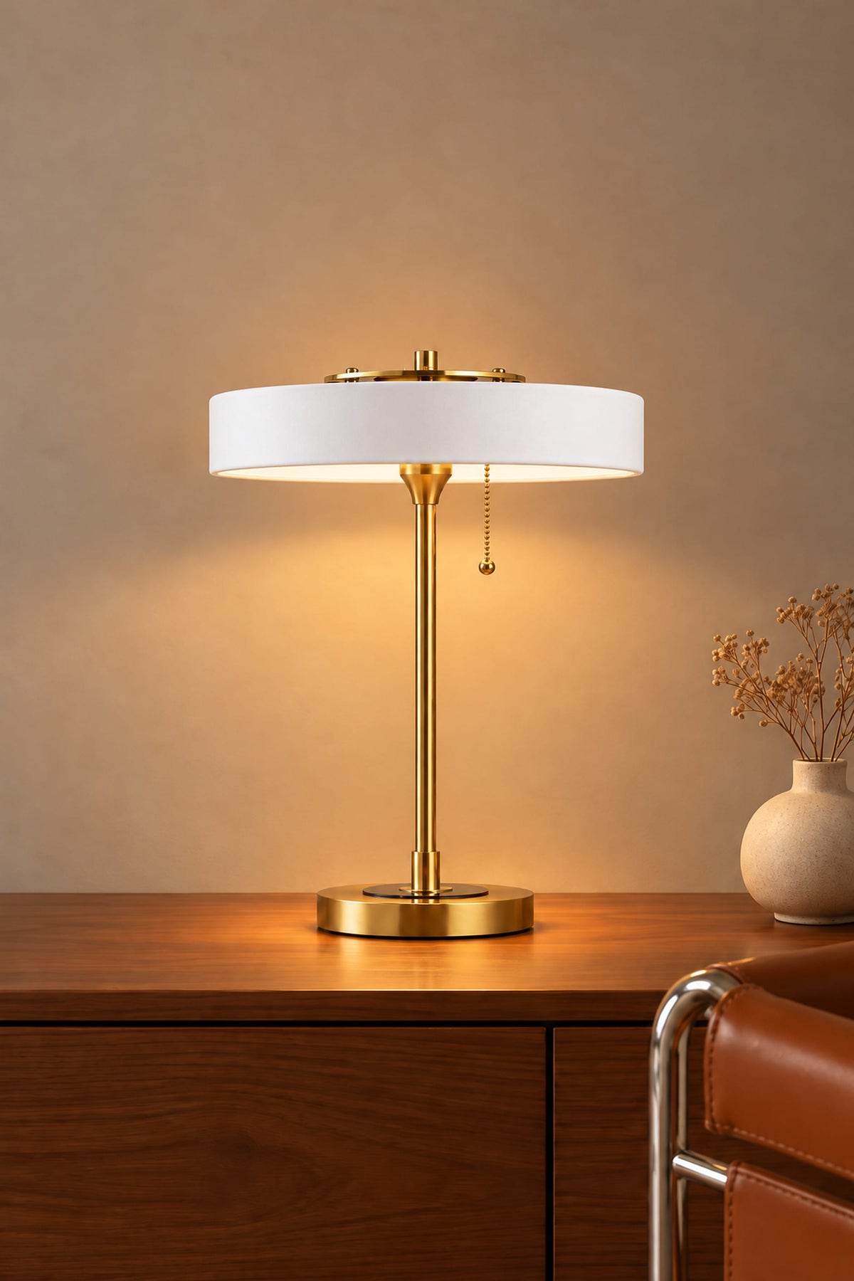 LampeHub Lampe de Table Bauhaus Disque Blanc – Pied Laiton