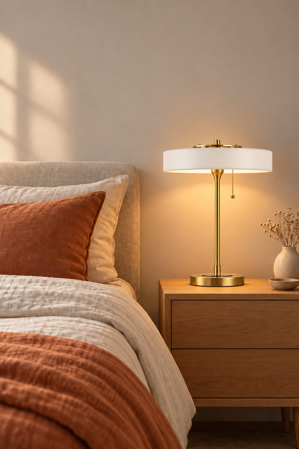 LampeHub Lampe de Table Bauhaus Disque Blanc – Pied Laiton