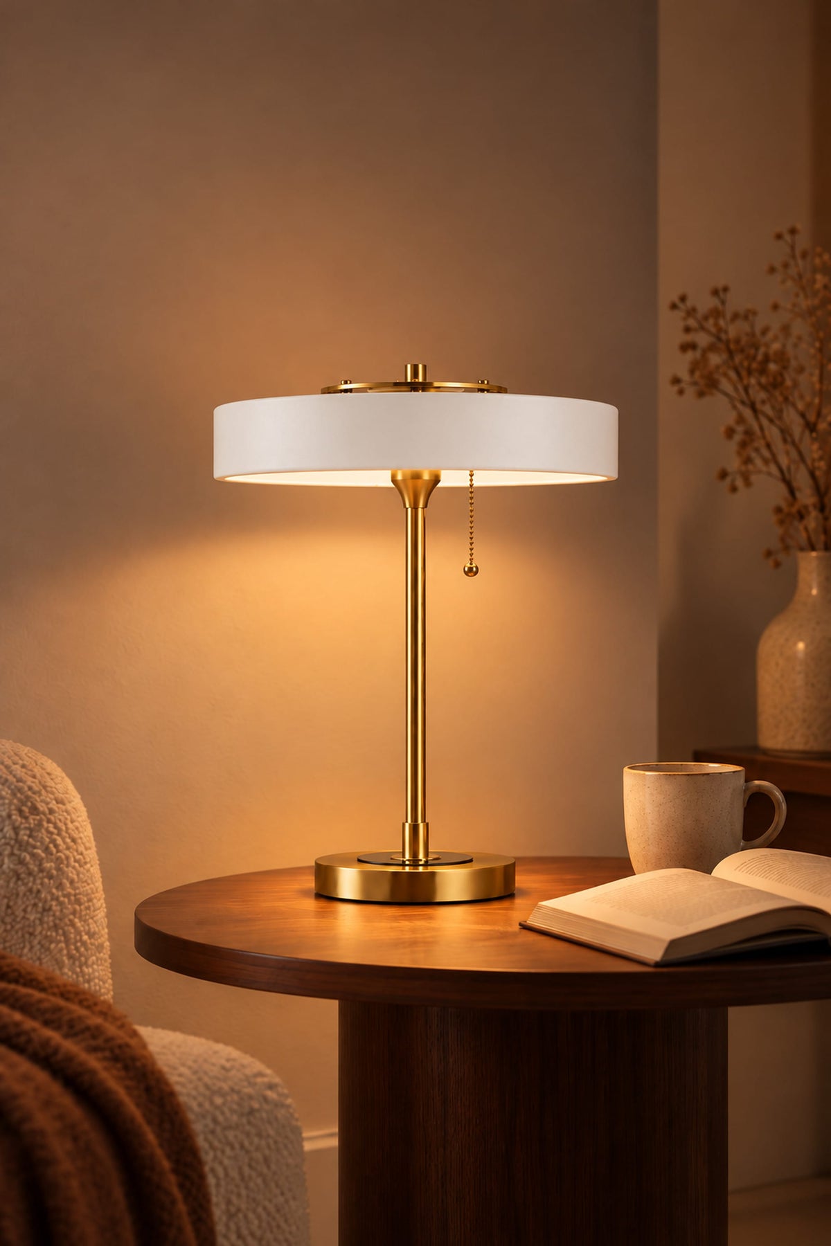 LampeHub Lampe de Table Bauhaus Disque Blanc – Pied Laiton