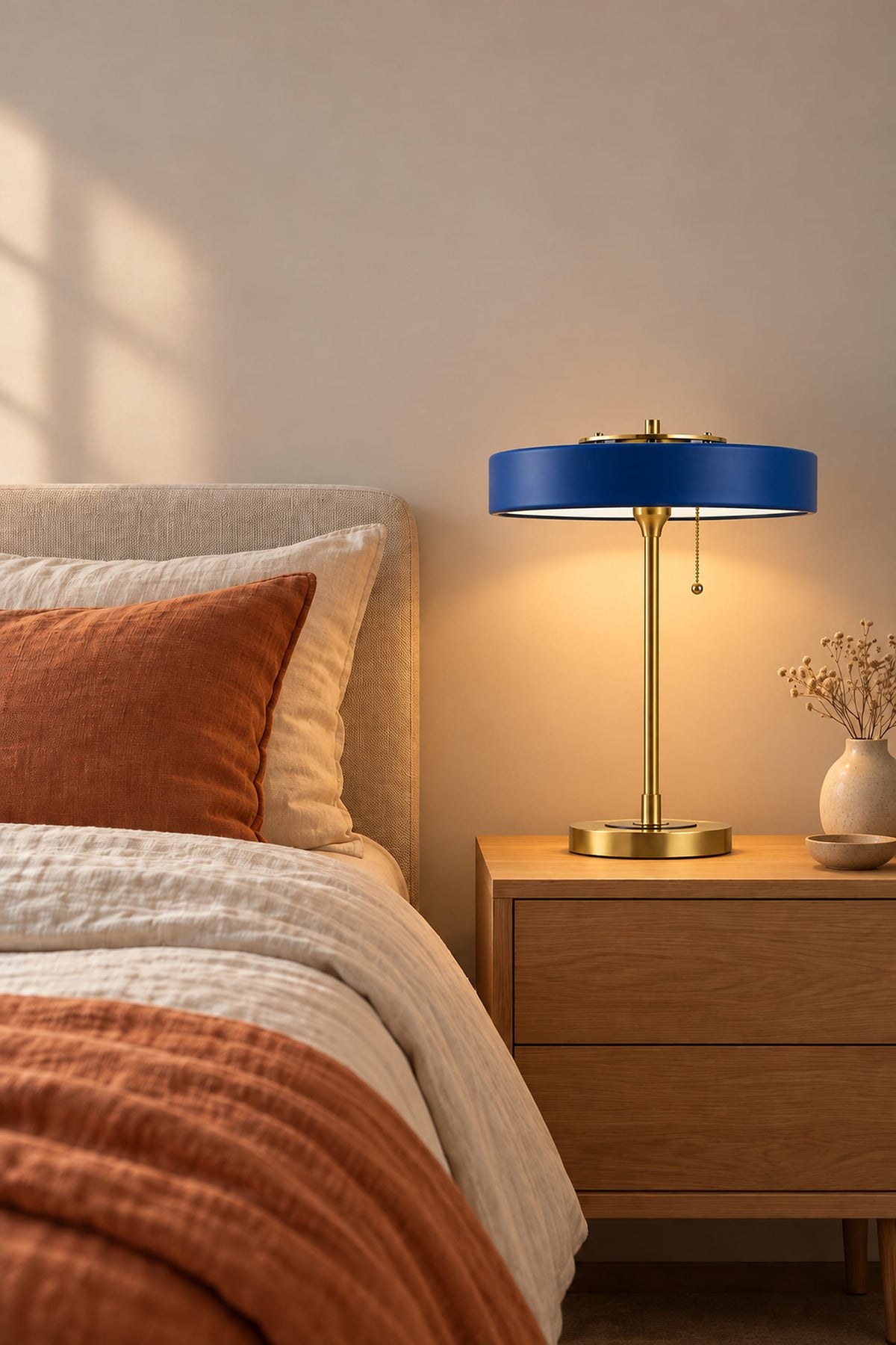 LampeHub Lampe de Table Bauhaus Disque Bleu – Pied Laiton