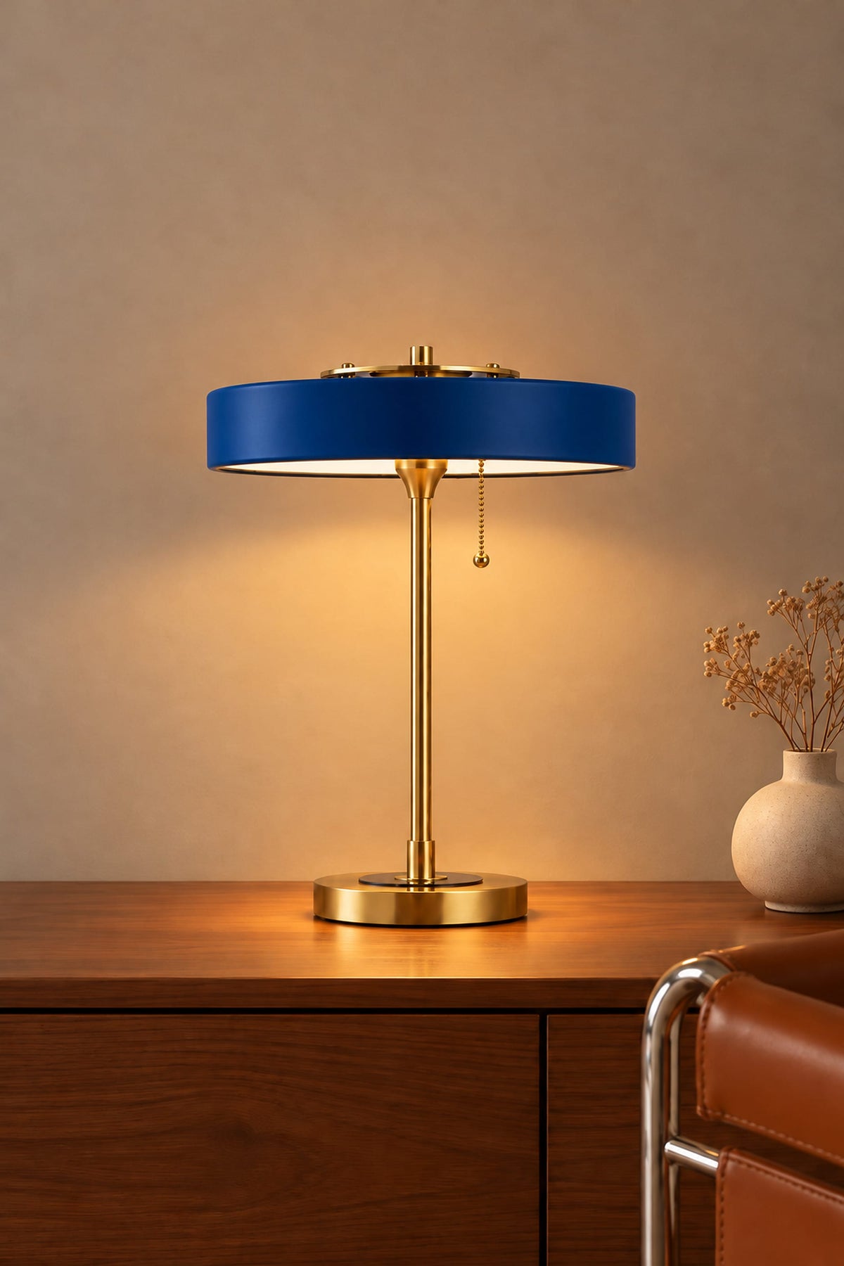 LampeHub Lampe de Table Bauhaus Disque Bleu – Pied Laiton