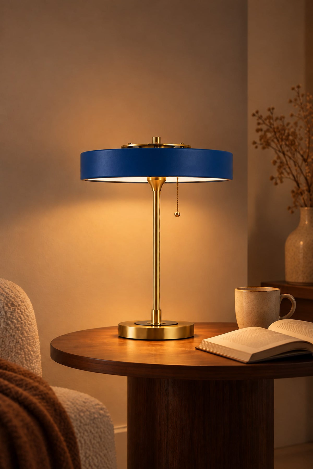 LampeHub Lampe de Table Bauhaus Disque Bleu – Pied Laiton