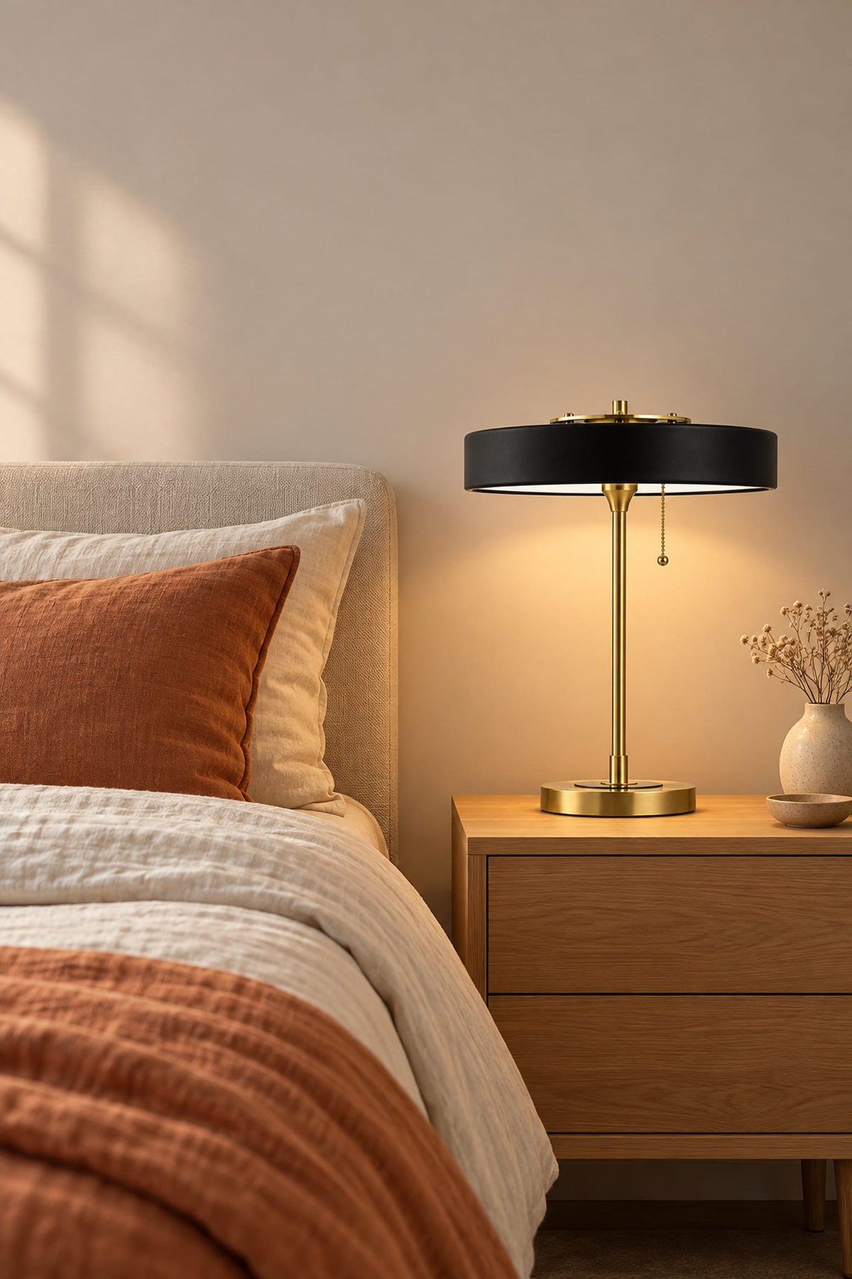 LampeHub Lampe de Table Bauhaus Disque Noir – Pied Laiton