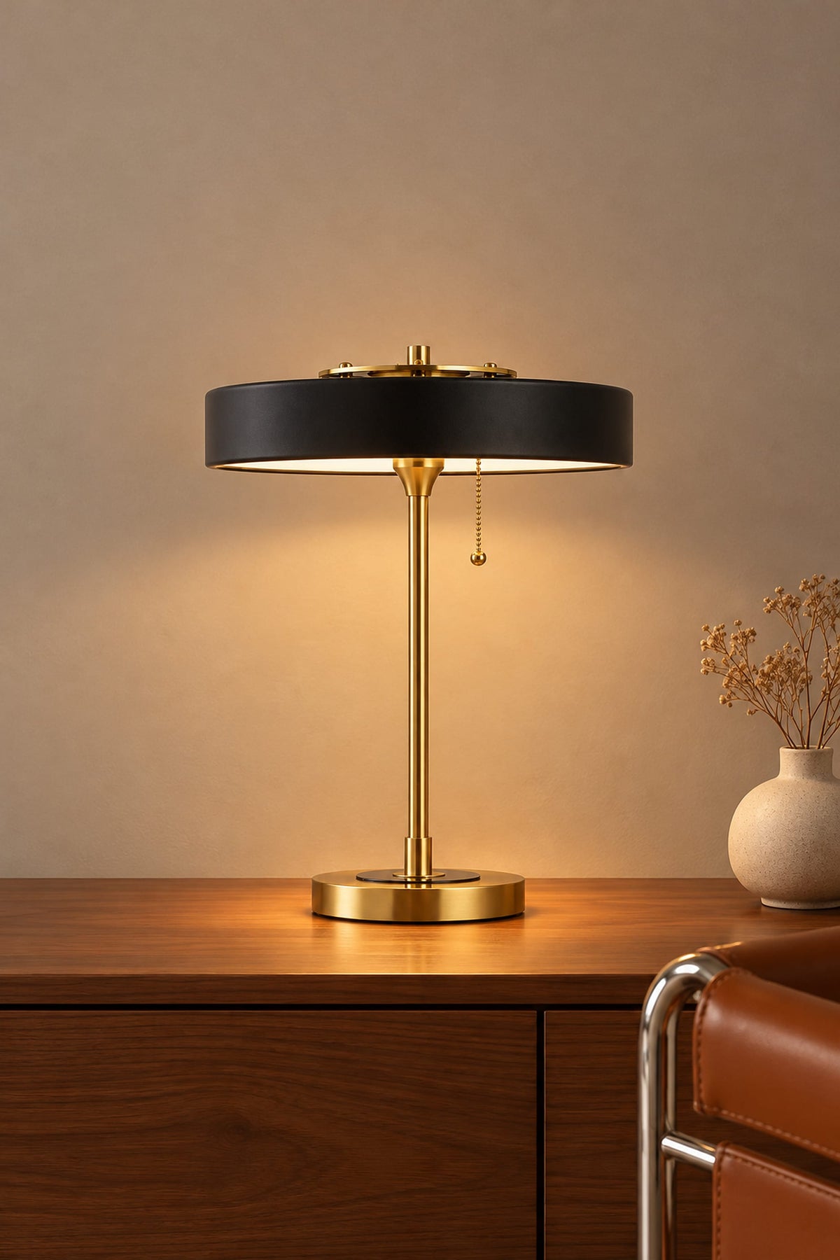 LampeHub Lampe de Table Bauhaus Disque Noir – Pied Laiton