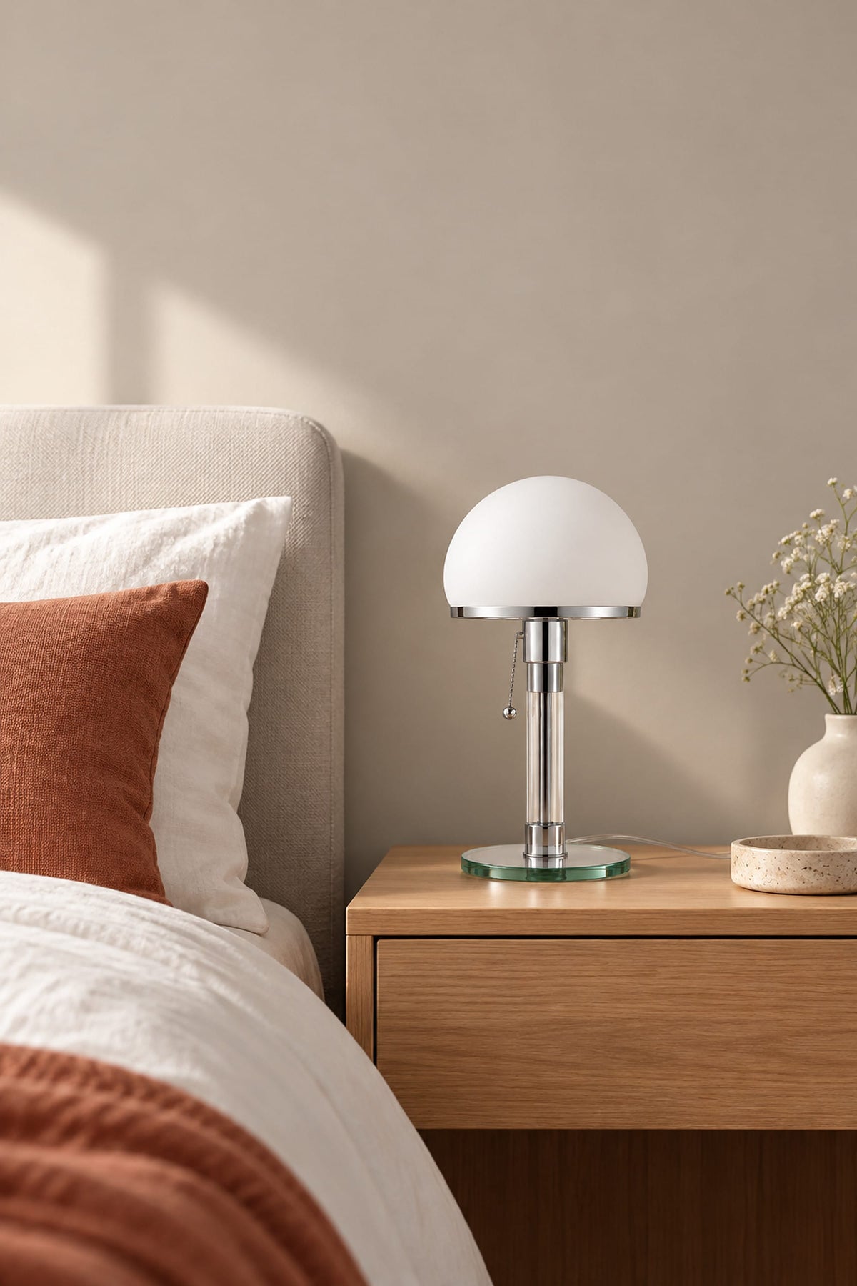 LampeHub Lampe Lampe Bauhaus Dôme Opalin – Lampe de Table Verre et Chrome