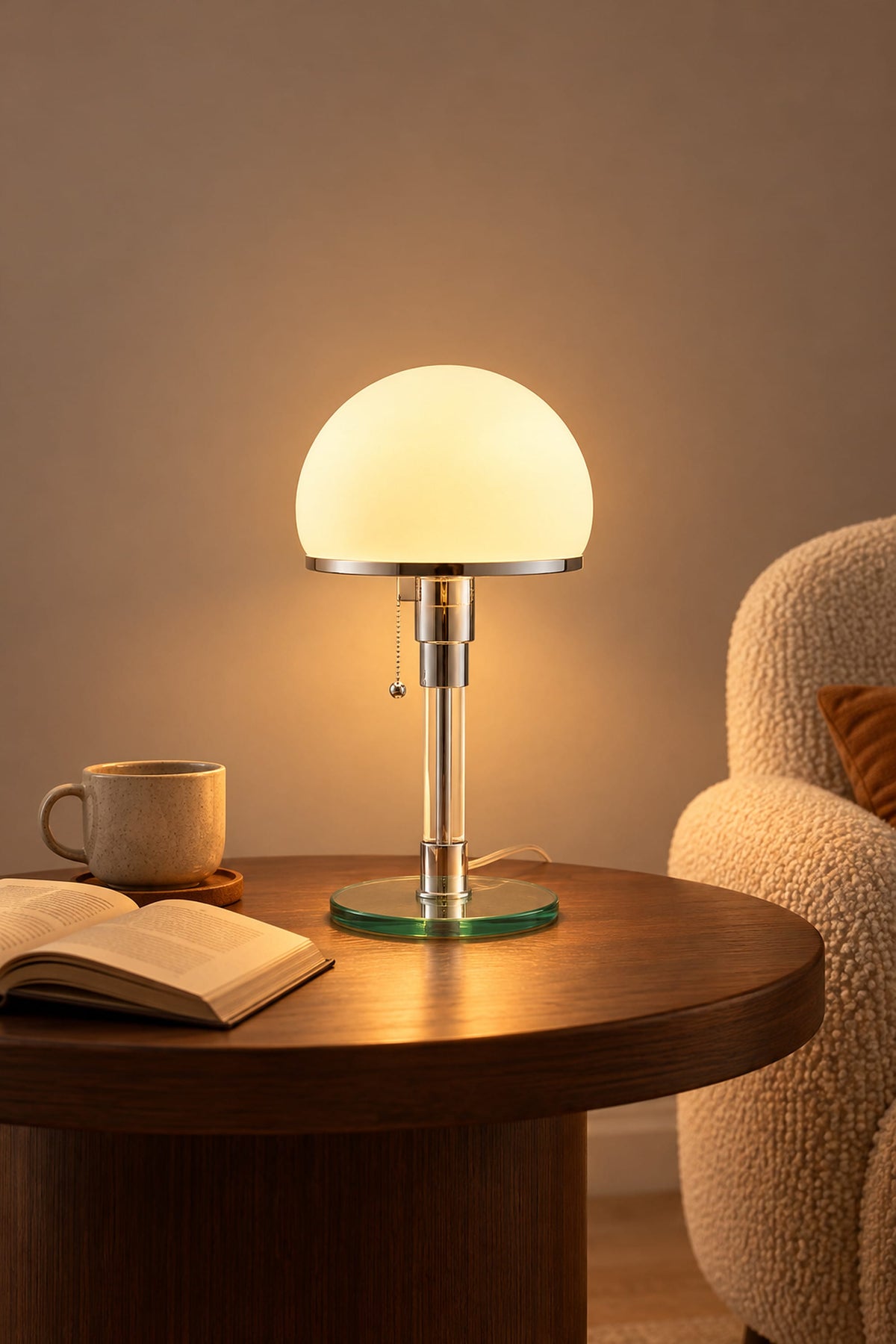 LampeHub Lampe Lampe Bauhaus Dôme Opalin – Lampe de Table Verre et Chrome