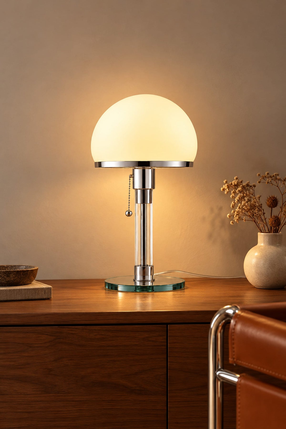 LampeHub Lampe Lampe Bauhaus Dôme Opalin – Lampe de Table Verre et Chrome