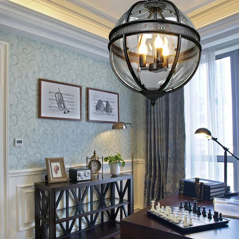 LampeHub led e14 Retro American Iron Glass Vintage Bronze Black Globe Chandelier Lighting Suspension Luminaire Lampen Lustre For Foyer