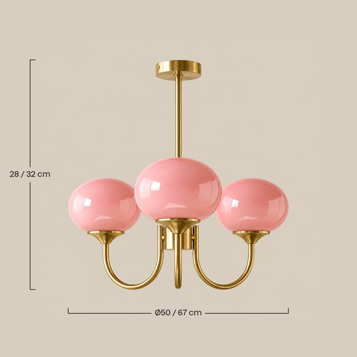 Dimensions – Lustre Bauhaus Globes Rose – Bras Dorés