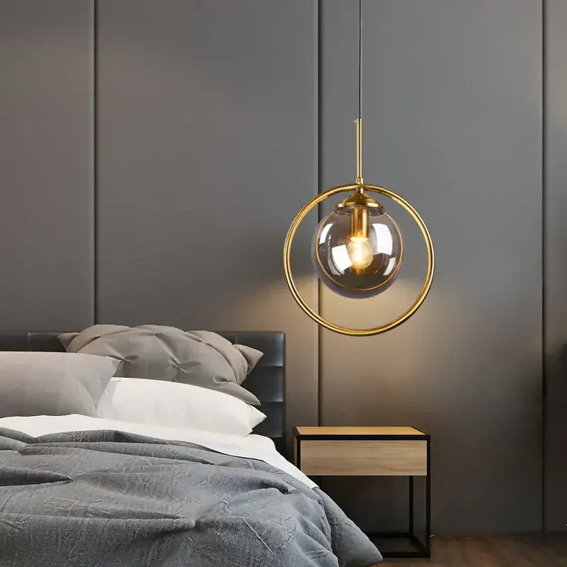 LampeHub Modern Glass Ball Pendant Lighting Fixture Golden Ring Kitchen Dining Room Bedside Hanging Lamps Luminaire Suspension Lights