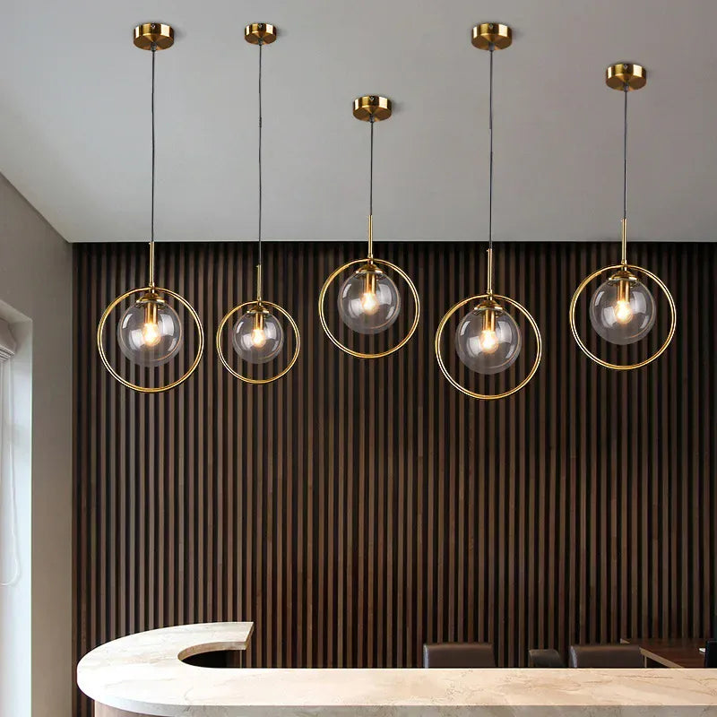 LampeHub Modern Glass Ball Pendant Lighting Fixture Golden Ring Kitchen Dining Room Bedside Hanging Lamps Luminaire Suspension Lights
