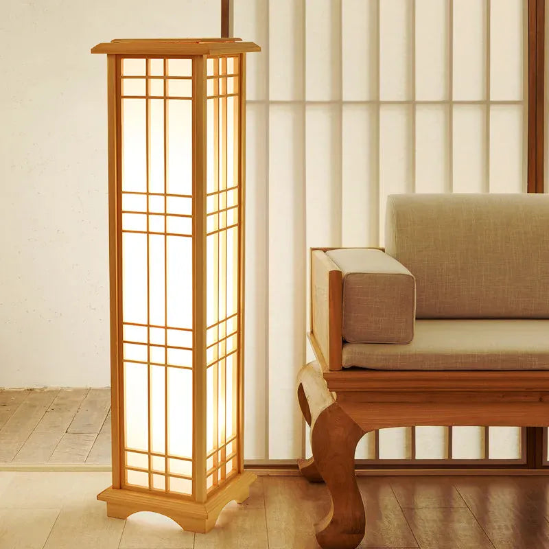 LampeHub Modern Japanese Floor Lamps Tatami Style Square Shape Wooden LED Lamp Floor Bedroom Standing Lamps for Living Room Study E27