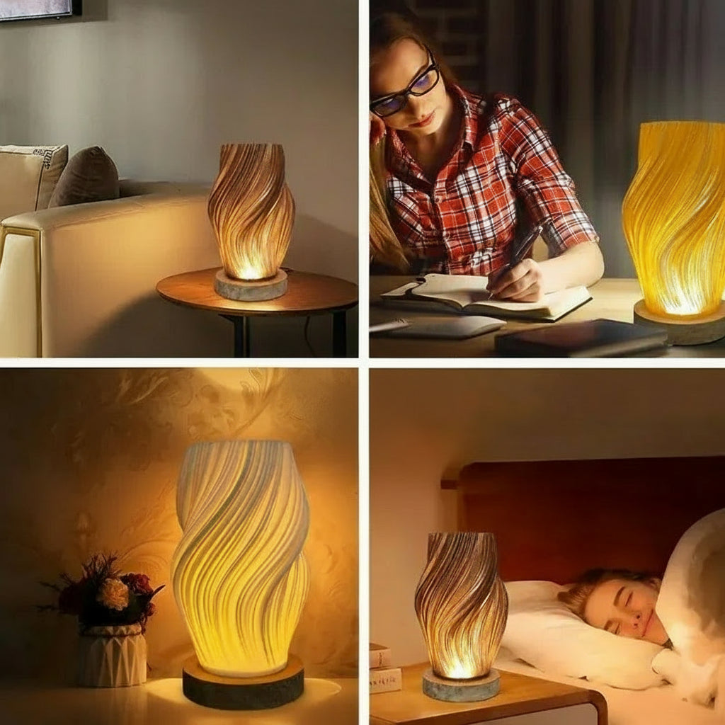 LampeHub Modern minimalist cream-colored table lamp with wooden base featuring three adjustable color temperatures. Ideal for living room