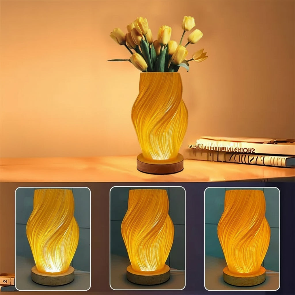 LampeHub Modern minimalist cream-colored table lamp with wooden base featuring three adjustable color temperatures. Ideal for living room