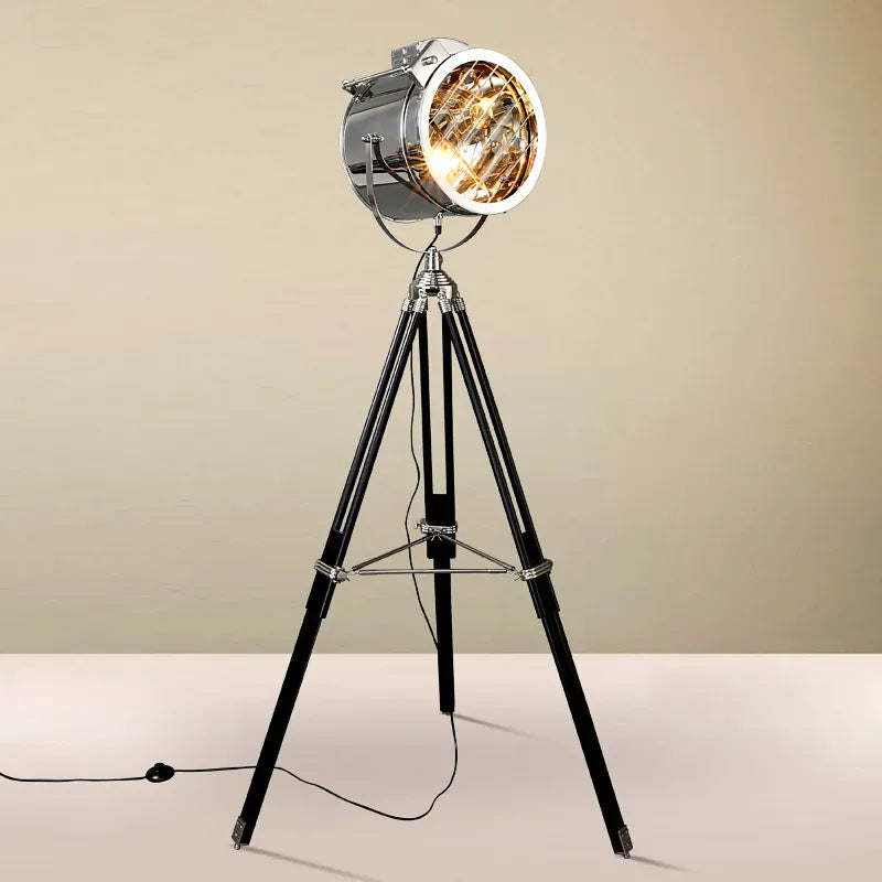 LampeHub Nordic American Retro Tripod Floor Lamp Silver Golden Wooden  Industrial Searchlight Creative Studio Standing Light