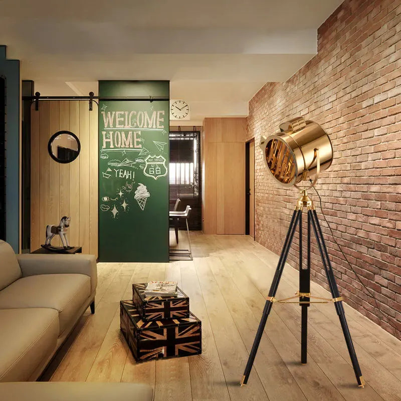 LampeHub Nordic American Retro Tripod Floor Lamp Silver Golden Wooden  Industrial Searchlight Creative Studio Standing Light