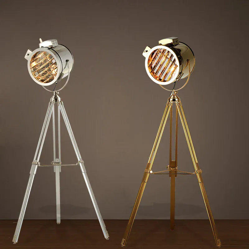 LampeHub Nordic American Retro Tripod Floor Lamp Silver Golden Wooden  Industrial Searchlight Creative Studio Standing Light