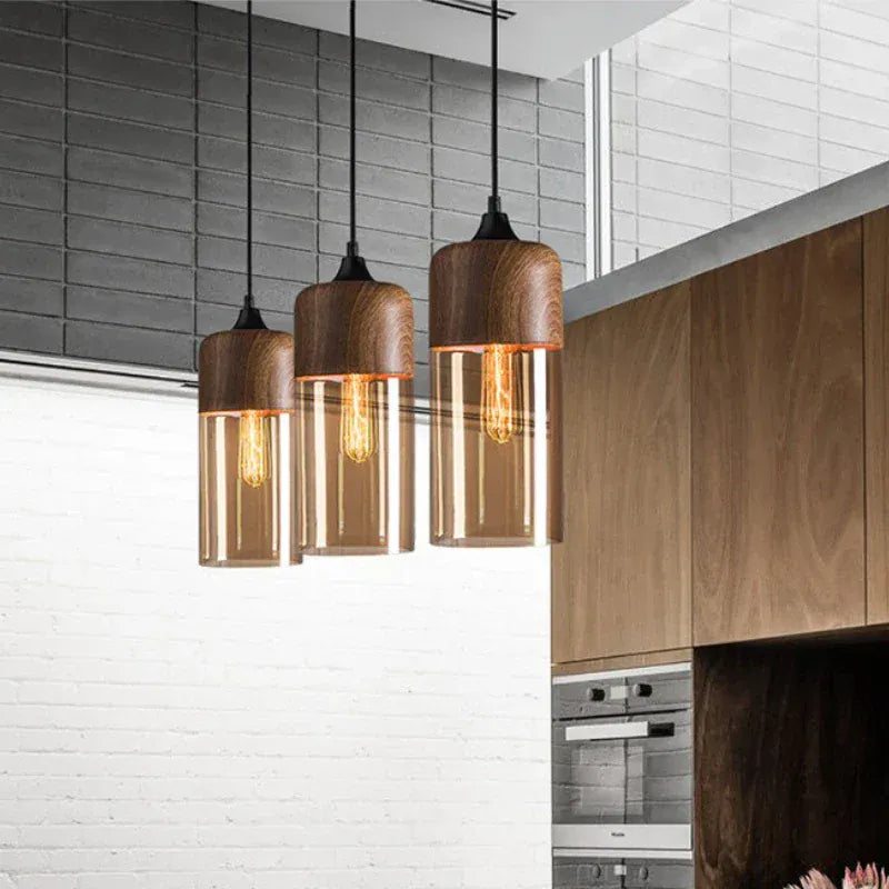 LampeHub Nordic LED Glass Pendant Lights Fixtures Modern Creative Wood Art Bedroom Dinning Living Room Light Wood Color Hanging Lamps