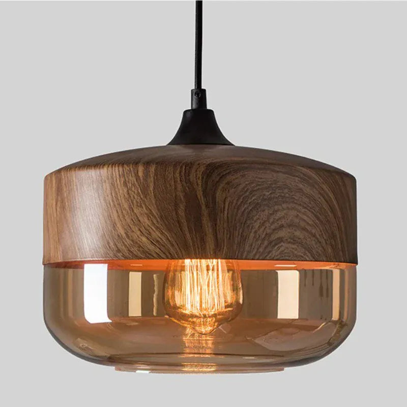 LampeHub Nordic LED Glass Pendant Lights Fixtures Modern Creative Wood Art Bedroom Dinning Living Room Light Wood Color Hanging Lamps