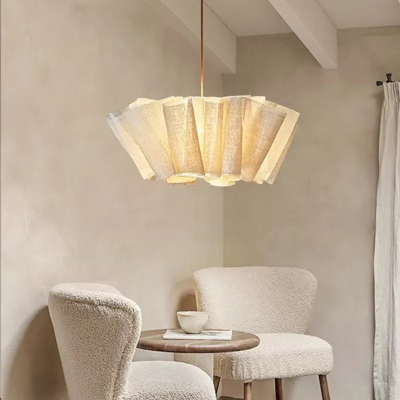 LampeHub Nordic Linen Pleated Pendant lamp Vintage Wabi Sabi Wind Pendant light for Bedroom Kitchen Handmade Fabric Chandelier