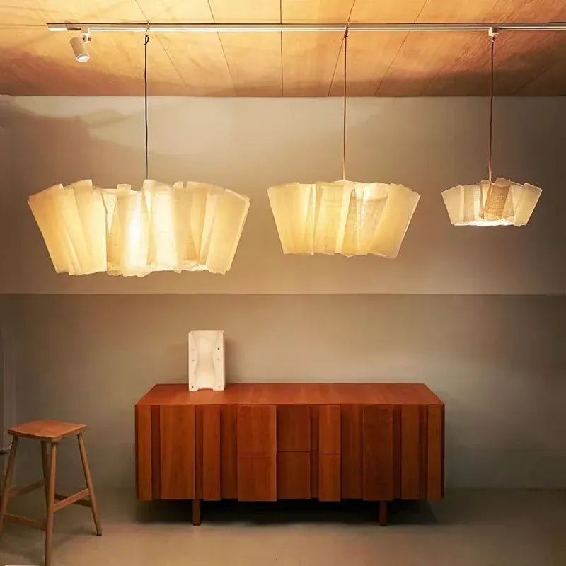 LampeHub Nordic Linen Pleated Pendant lamp Vintage Wabi Sabi Wind Pendant light for Bedroom Kitchen Handmade Fabric Chandelier
