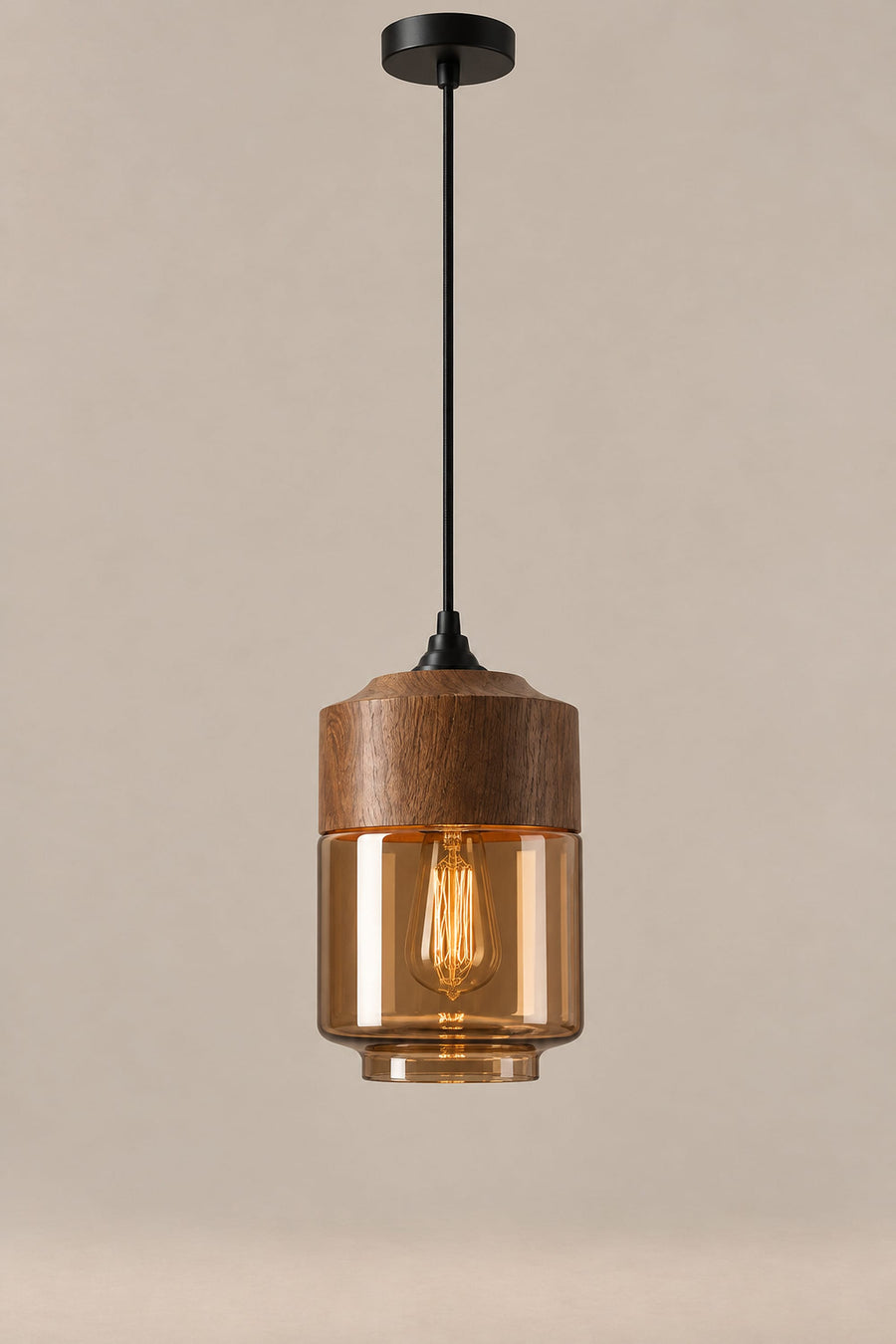 Suspension Bauhaus Verre Ambré et Bois – Luminaire Design